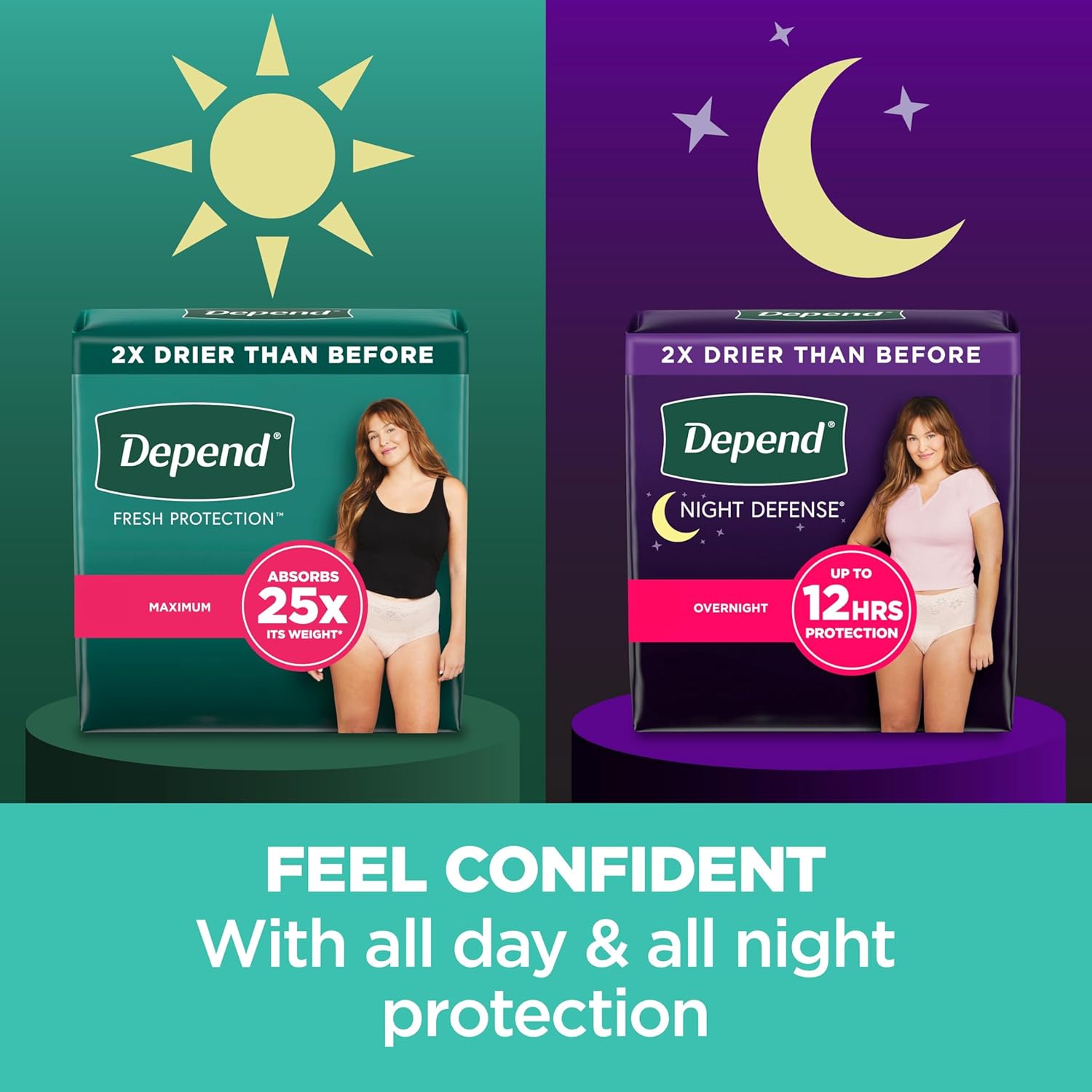 Fresh Protection underwear packaging for day and night protection, “2x drier than before”