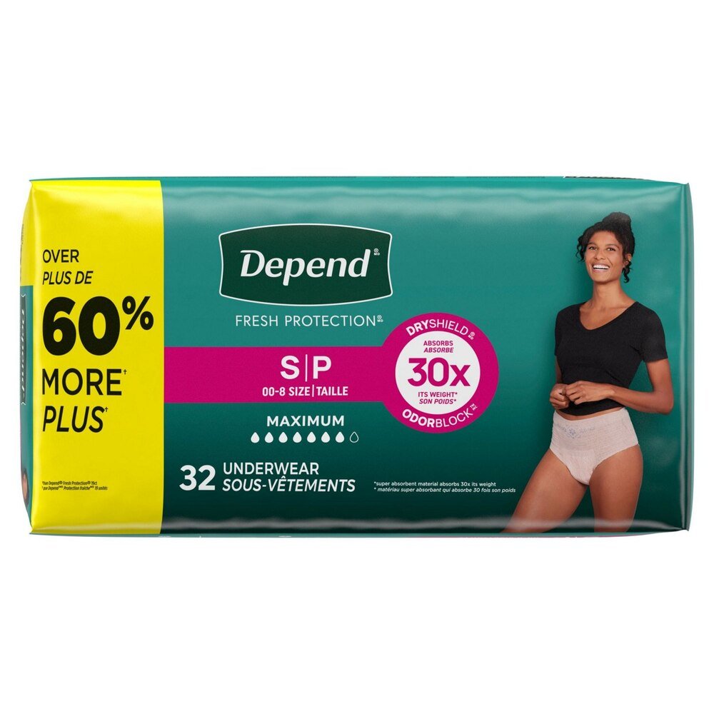 Maximum Fresh Protection underwear, Size S/P (00-8), 32 count box; 30x absorbs