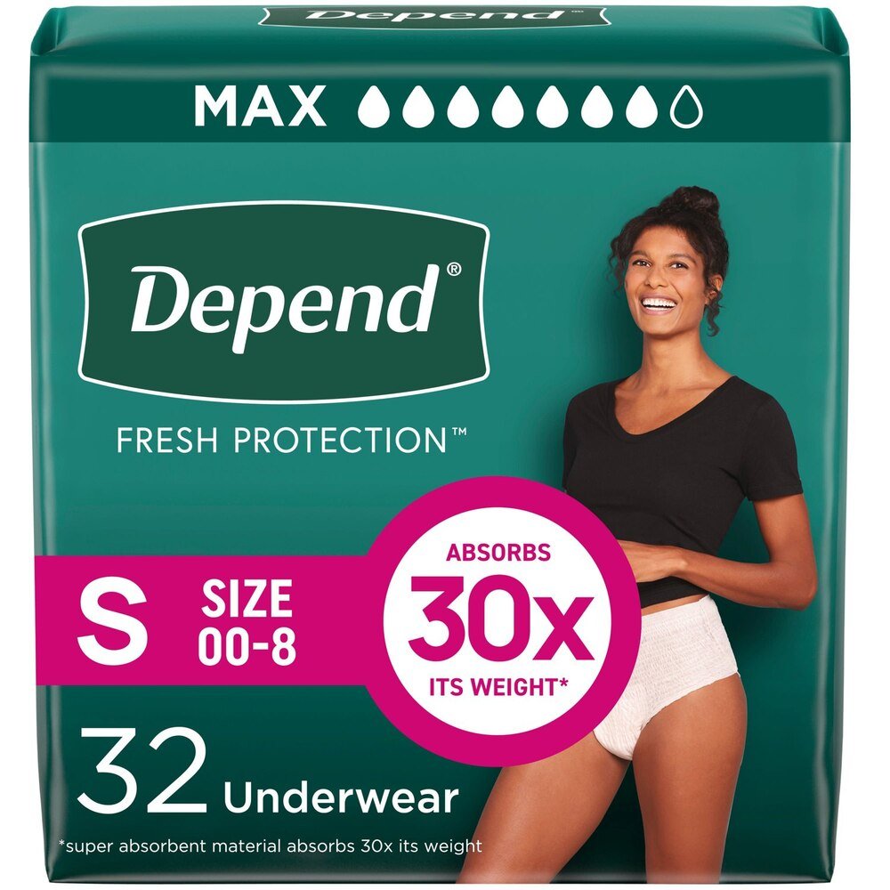 Maximum Fresh Protection underwear, Size S (00-8), 32 count box with 30x absorb