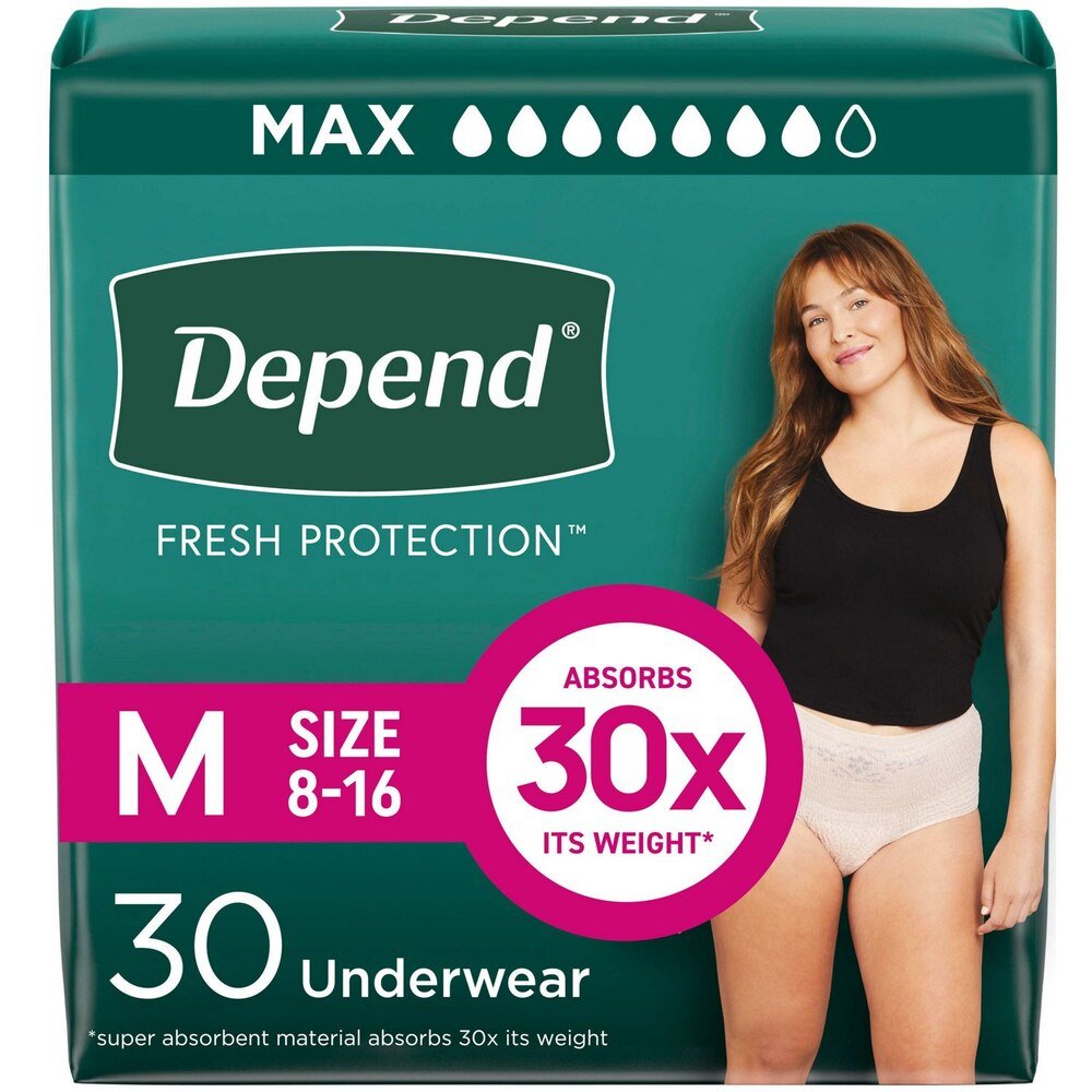 Maximum Fresh Protection underwear, Size M (8-16), 30 count box with 30x absorb