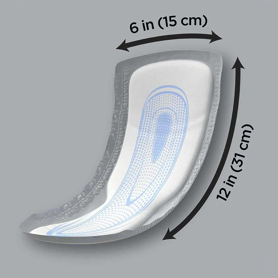 White men’s incontinence guard with 6 in (15 cm) and 12 in (37 cm) dimensions