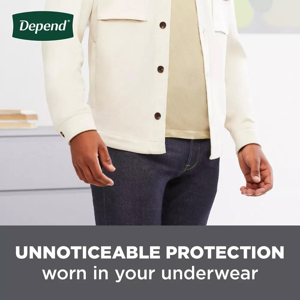 Men’s incontinence protection shown as unnoticeable under clothing on a model