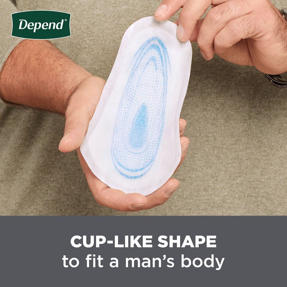 White men’s cup-like incontinence shield with blue absorbent pad and curved shape