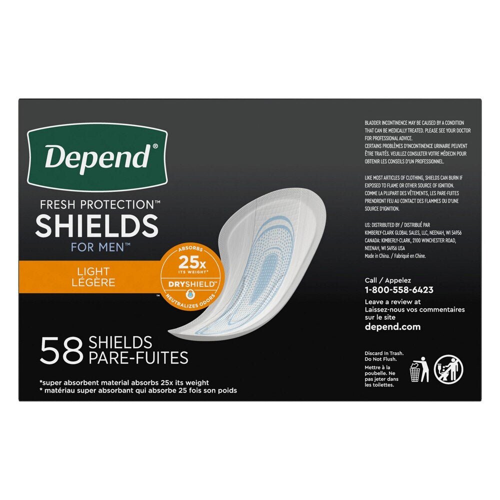 Men’s incontinence shields, pack of 58, light absorption, 25x odor-neutralizing