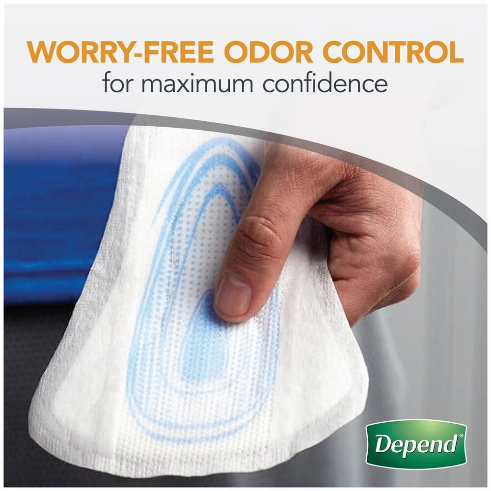 White men’s incontinence shield with blue absorbent core; odor-control protection