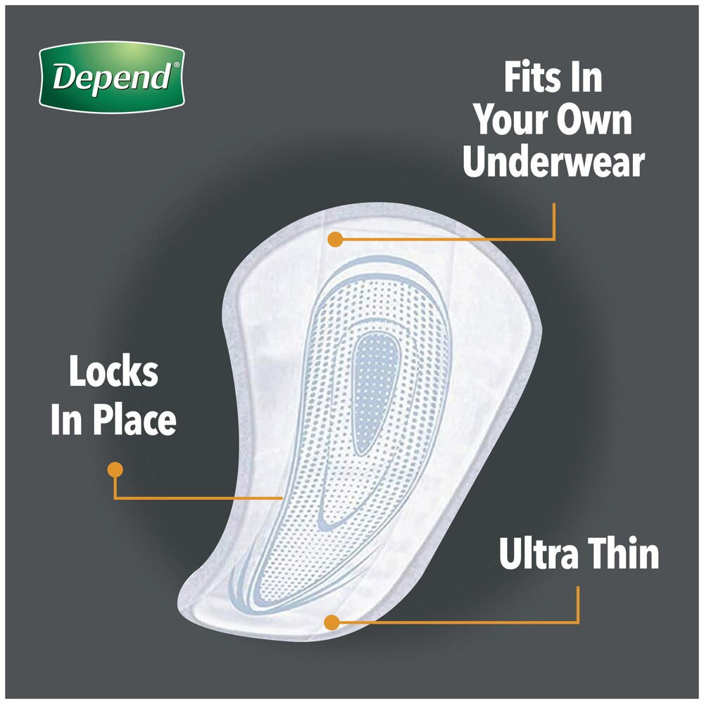 Ultra-thin men’s incontinence shield with adhesive backing; pocket-sized curved pad