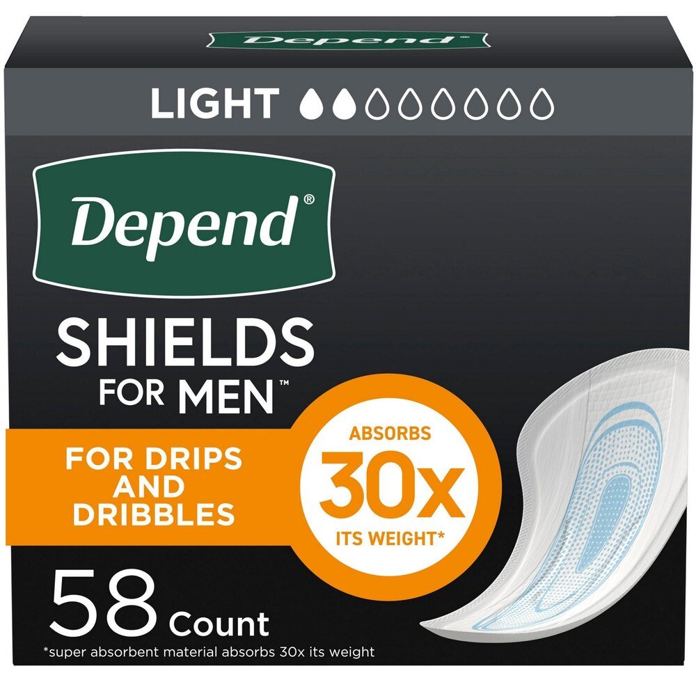Men’s incontinence shields, 58-count pack, light absorbency for drips and dribbles