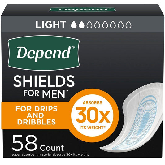 Men’s incontinence shields, 58-count pack, light absorbency for drips and dribbles