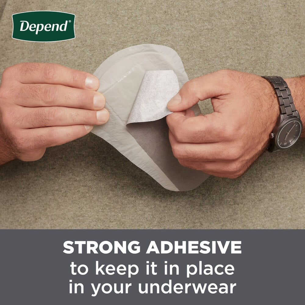 Men’s incontinence shield with adhesive backing, pressed to stay in place in underwear