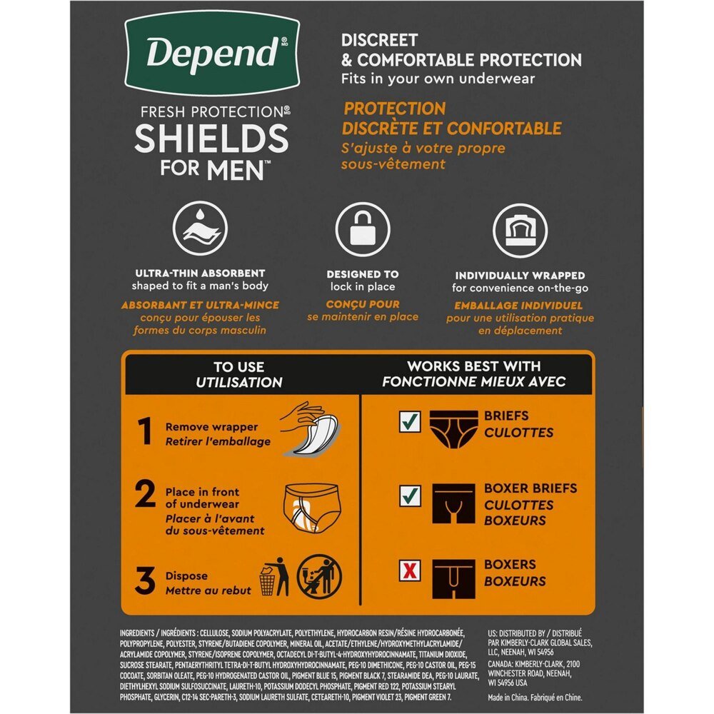 Men’s incontinence shields box, ultra-thin absorbent protection, individually wrapped