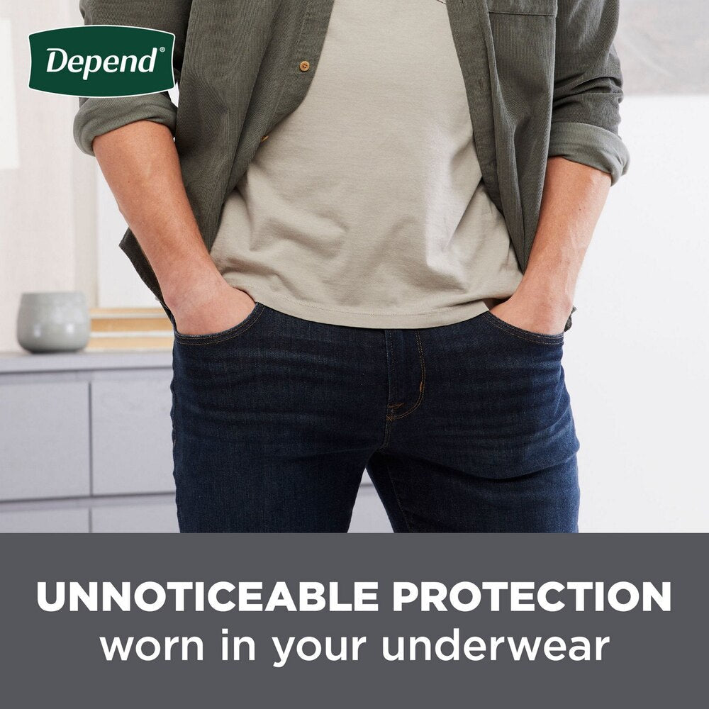 Men’s incontinence protection worn discreetly under clothing; shield centered in underwear