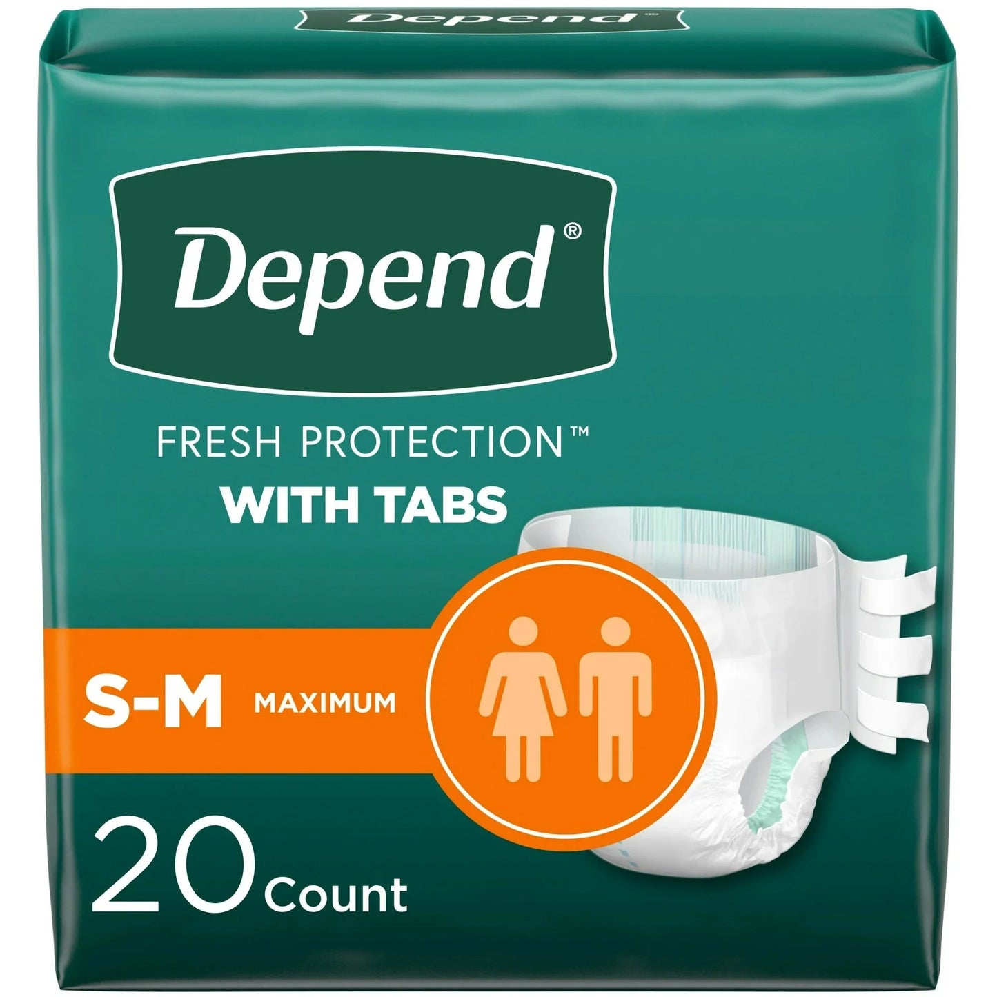 Adult incontinence briefs with tabs, S-M size, maximum absorbency, 20-count package