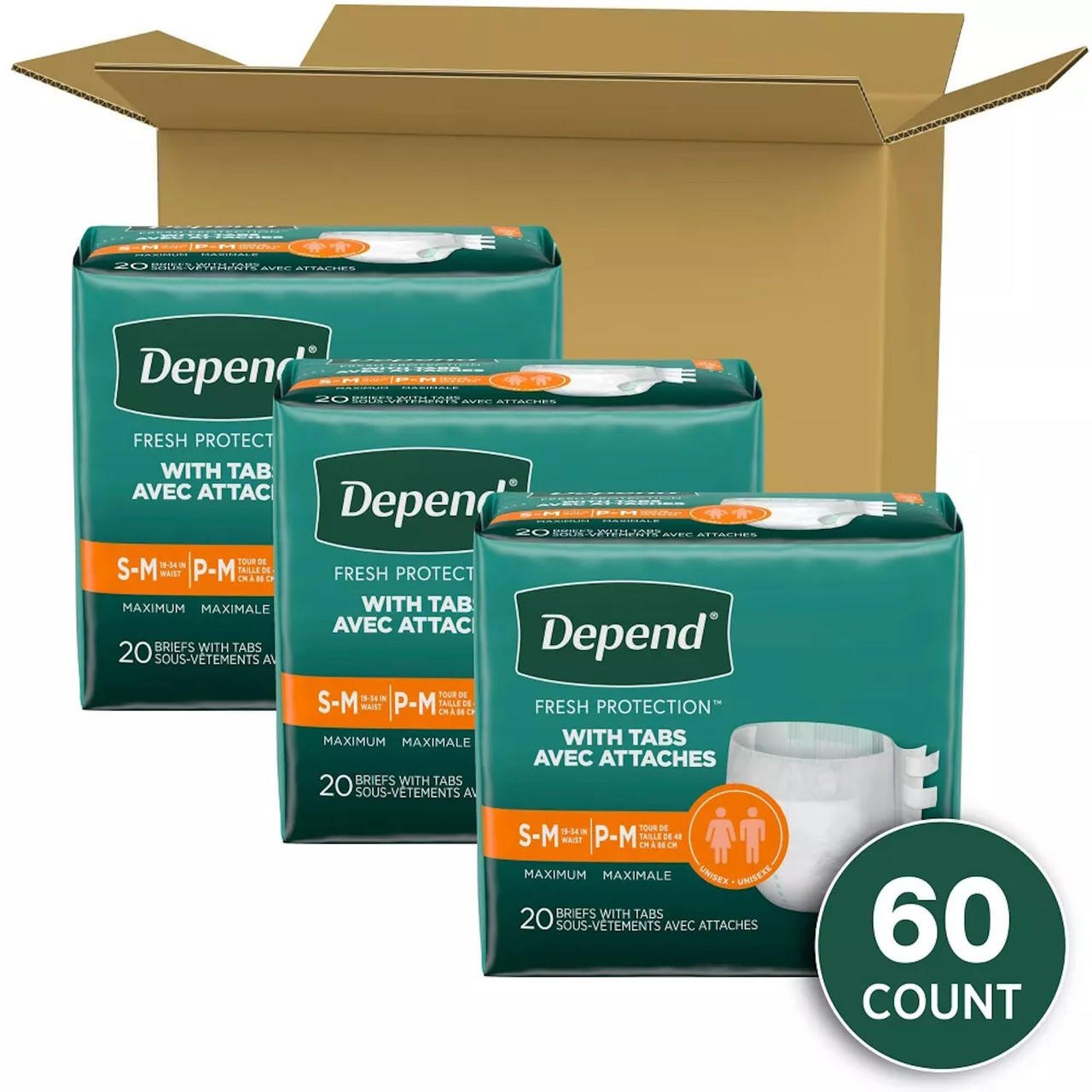 Carton with Depend incontinence briefs with tabs, mixed packs totaling 60-count