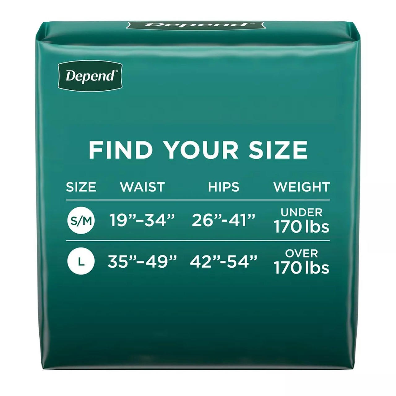 Size chart for tabs incontinence briefs: S/M 19-34 waist, L 35-49 waist, includes weight