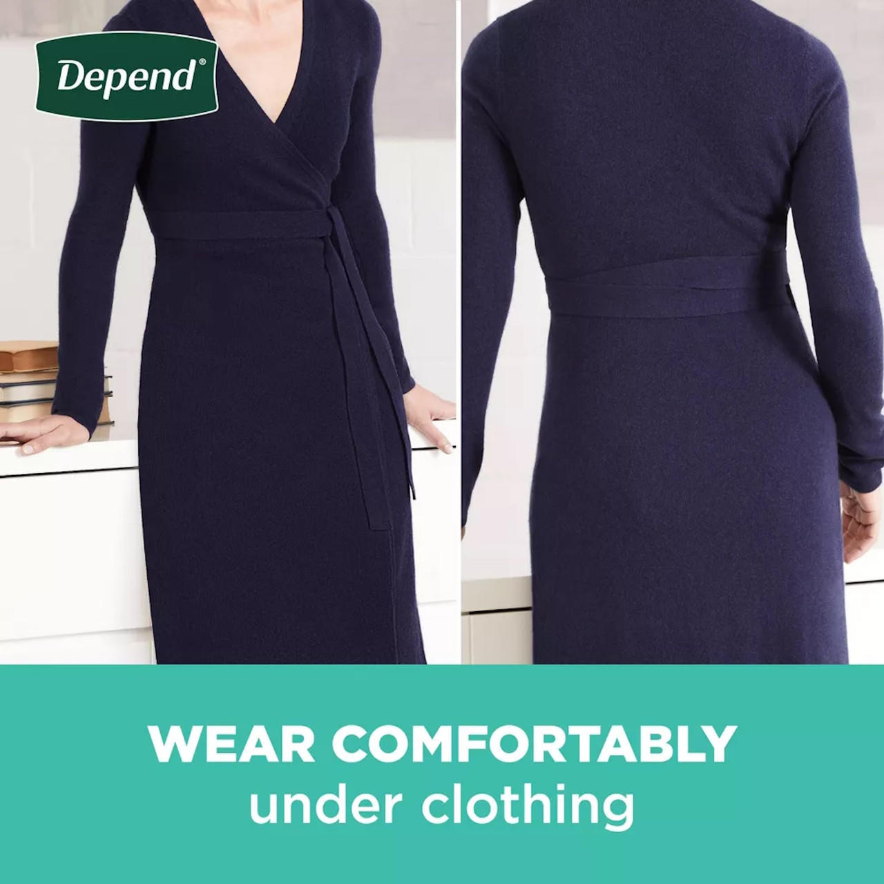 Incontinence briefs comfort-worn under clothing, shown beneath a dark wrap dress