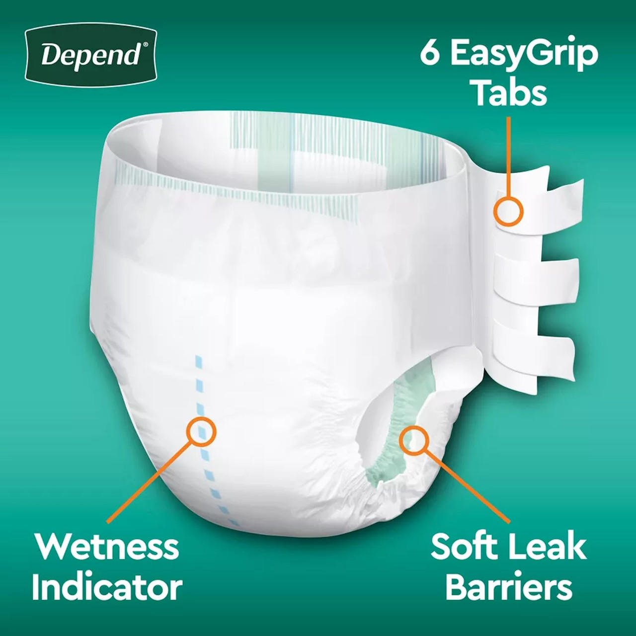 White incontinence brief with side tabs and wetness indicator, soft leak barriers
