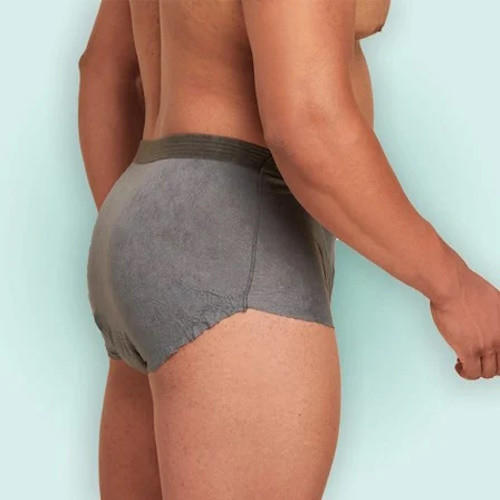 Dark gray absorbent men’s boxer briefs, rear/side view, elastic waistband