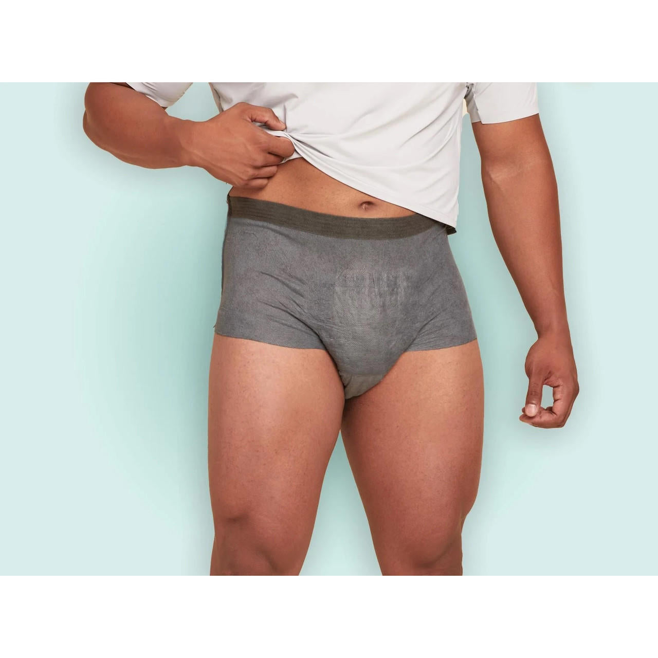 Dark gray men's absorbent boxer briefs, elastic waistband, front view