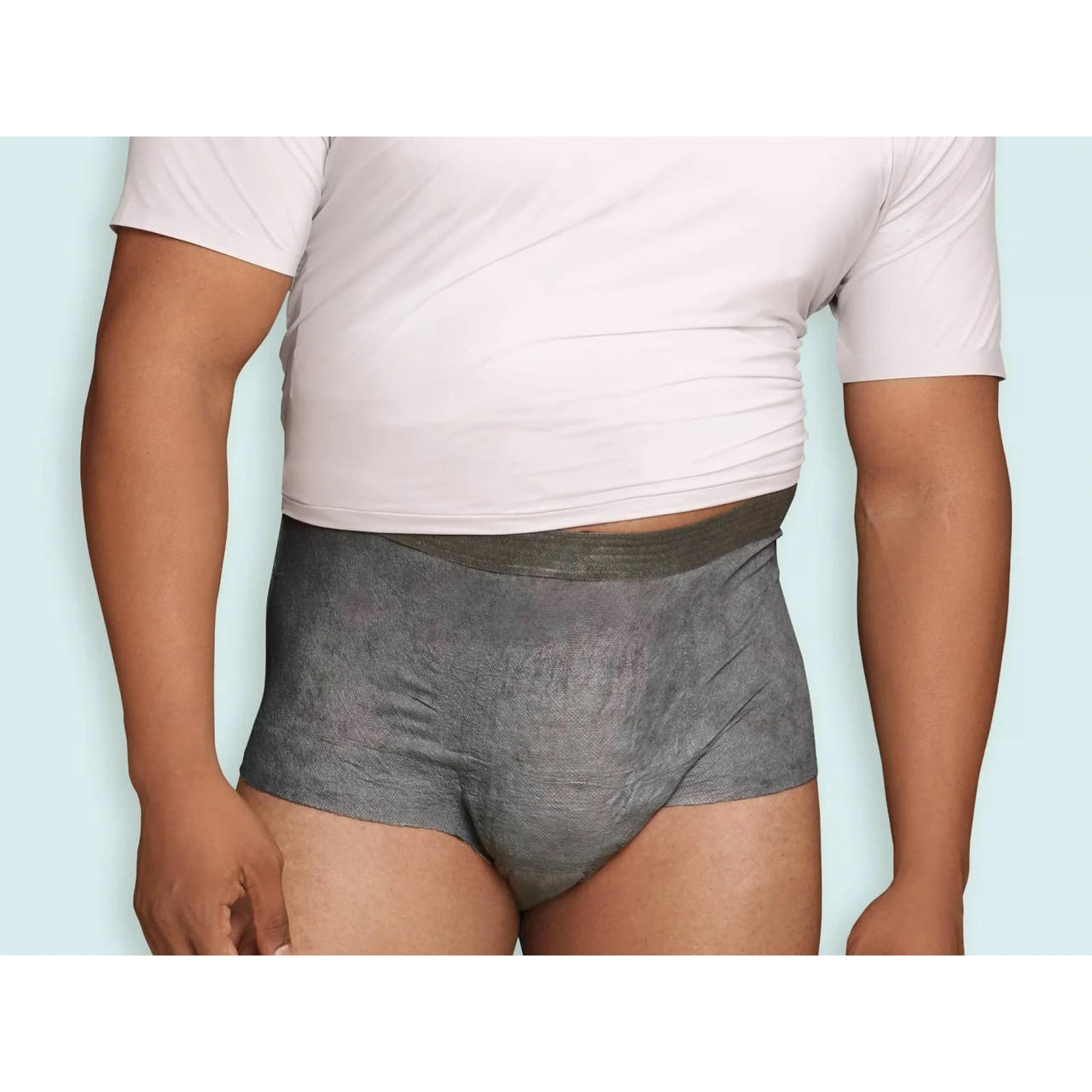 Dark gray absorbent boxer briefs, full coverage front view, elastic waistband