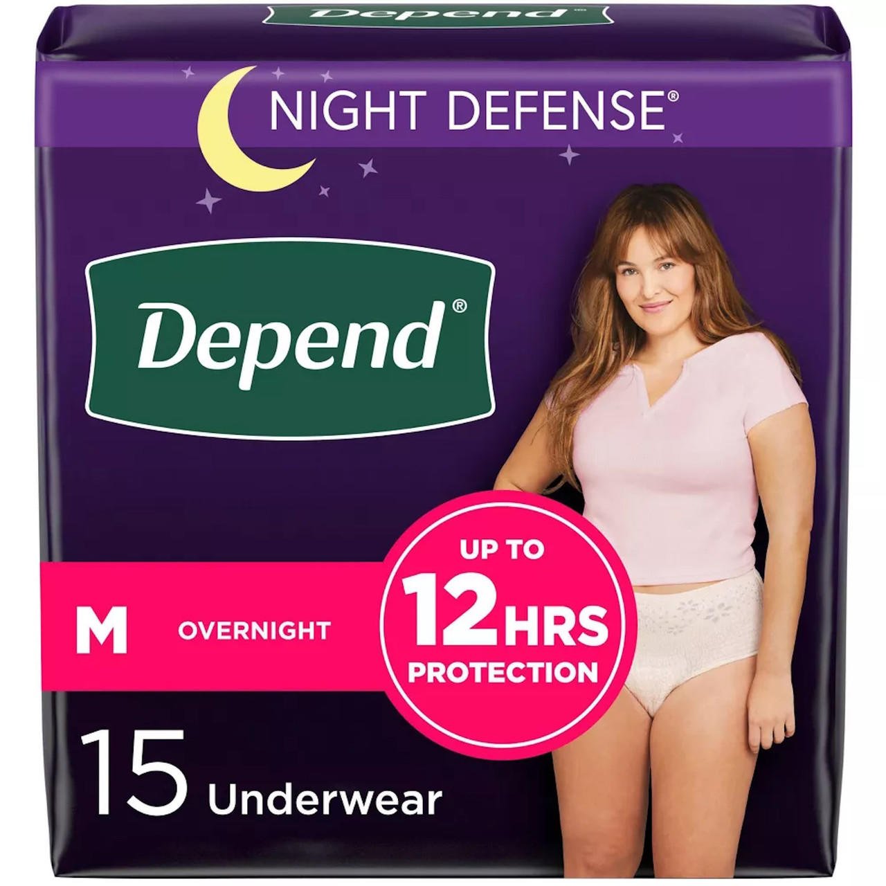 Night Defense overnight underwear, size M, 15 count box, up to 12 hours protection