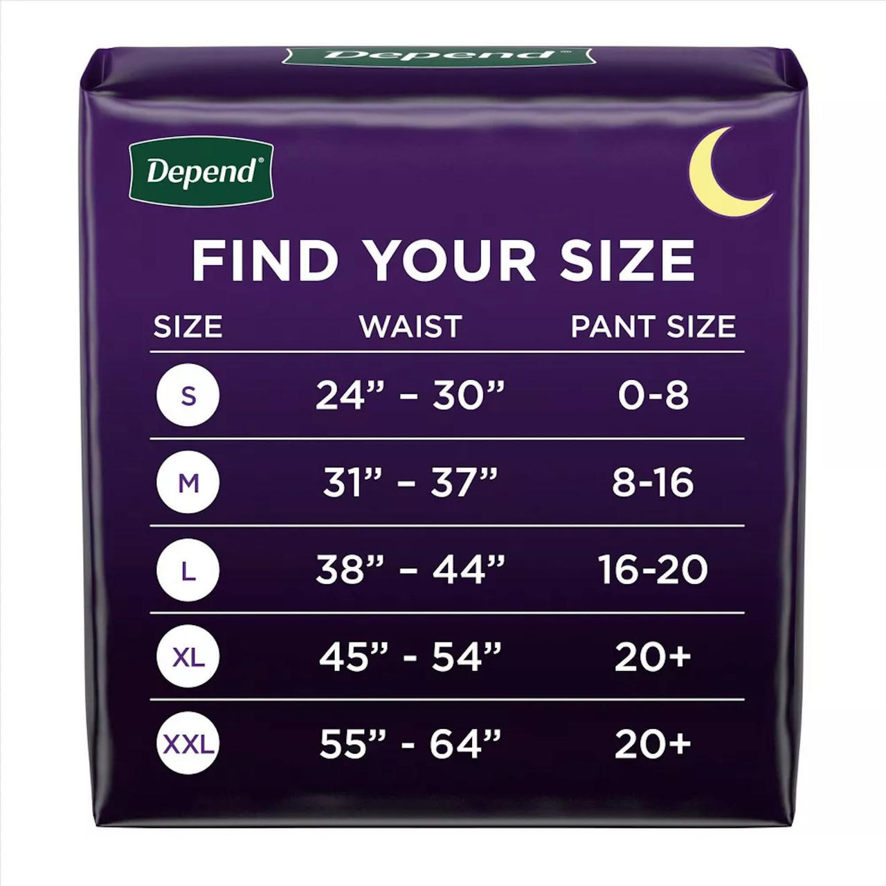 Size guide chart for Depend Night Defense overnight underwear: S–XXL with waist and pant sizes
