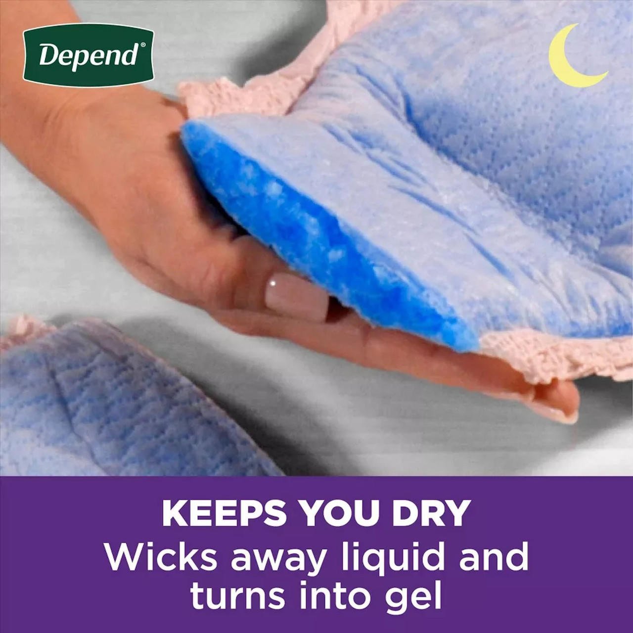 Absorbent overnight underwear layer wicks liquid and turns it into gel, blue interior visible