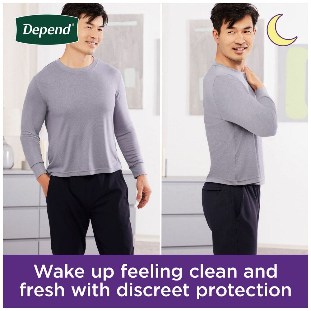Men’s grey protective briefs on model, night defense label with crescent moon