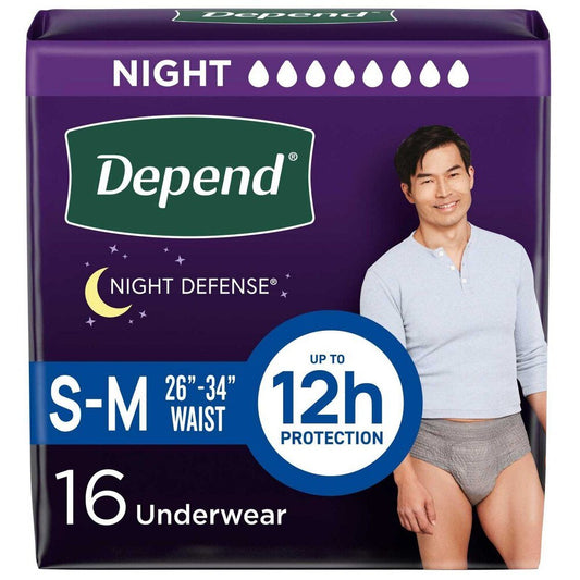 Night Defense men’s underwear, S/M (26–34 in), up to 12h protection, 16 count