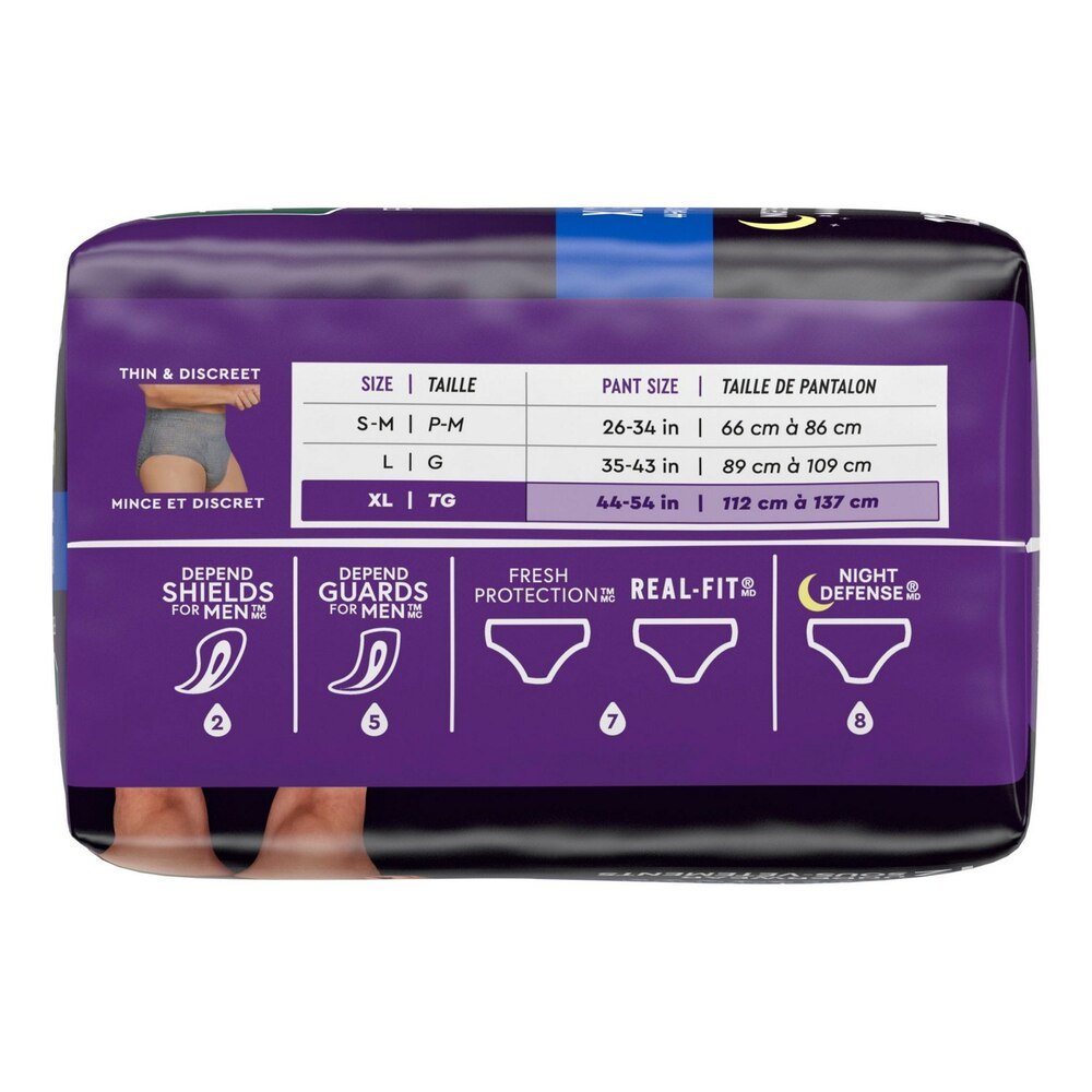 Back packaging size table showing men’s pant size measurements for S/M, L, and XL/TG