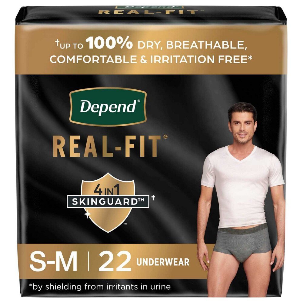 S–M men’s absorbent gray briefs, 22 count package, Real-Fit underwear