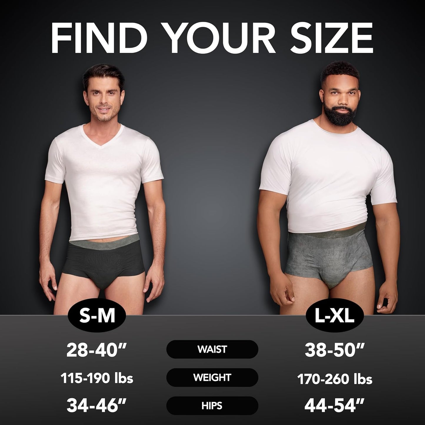 Absorbent men’s underwear sizing chart: S-M 28–40" and L-XL 38–50" dark gray