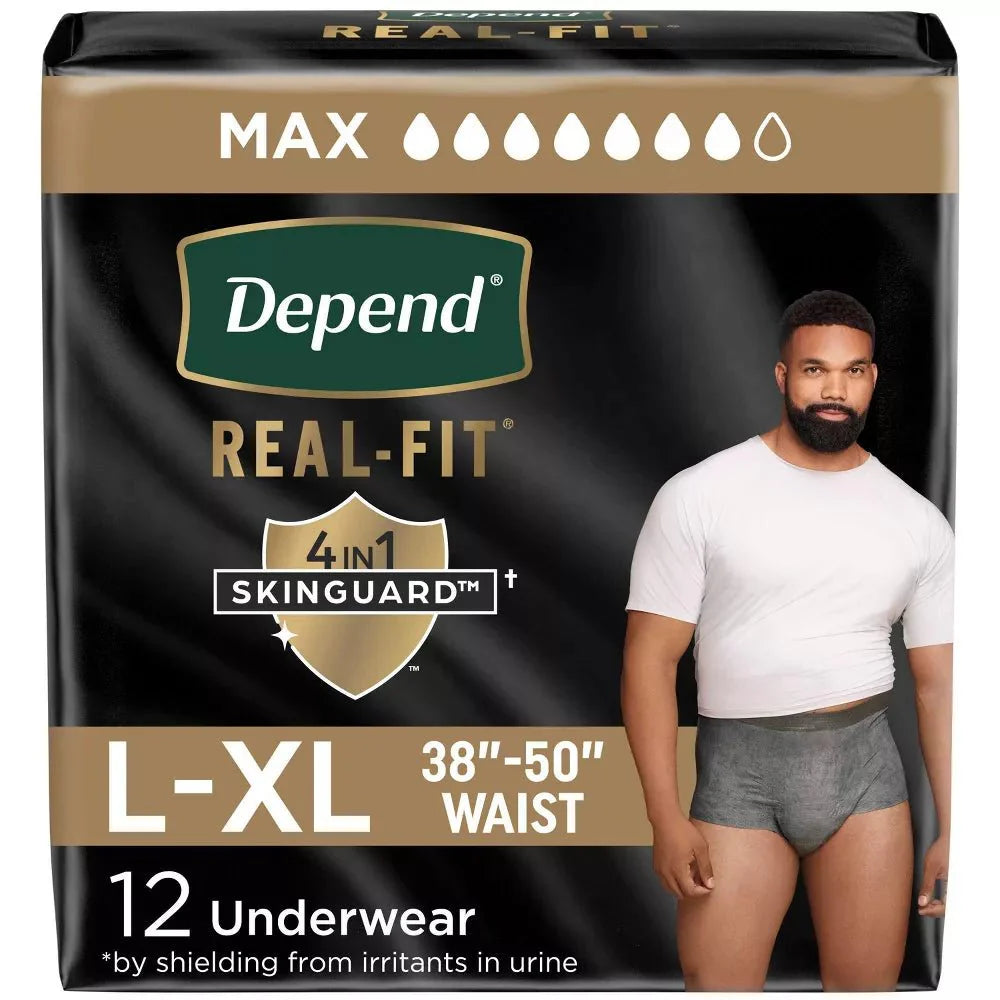 L–XL absorbent gray briefs, 12 count package, 38–50 in waist