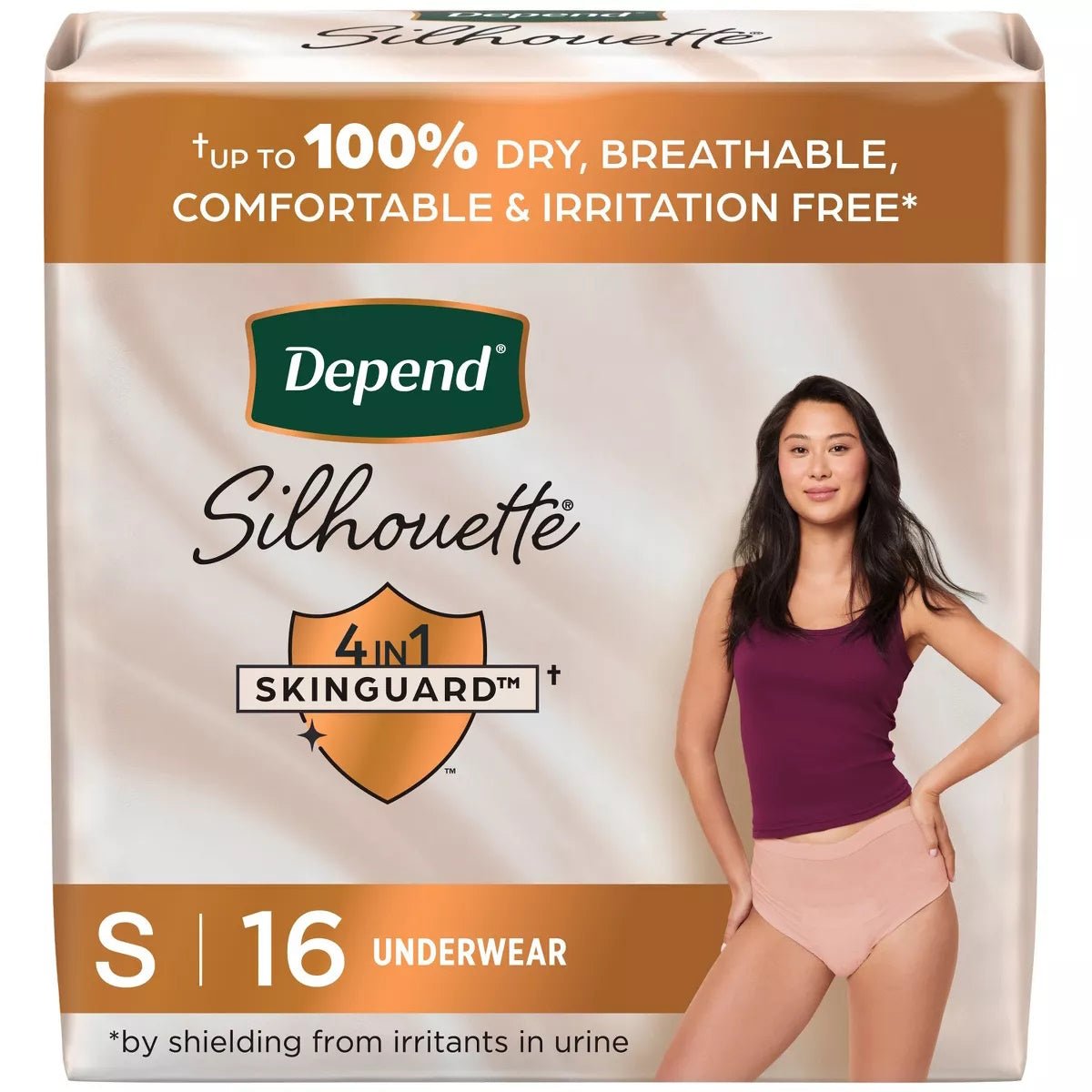 Size S women’s silhouette incontinence underwear, light pink briefs in pack of 16