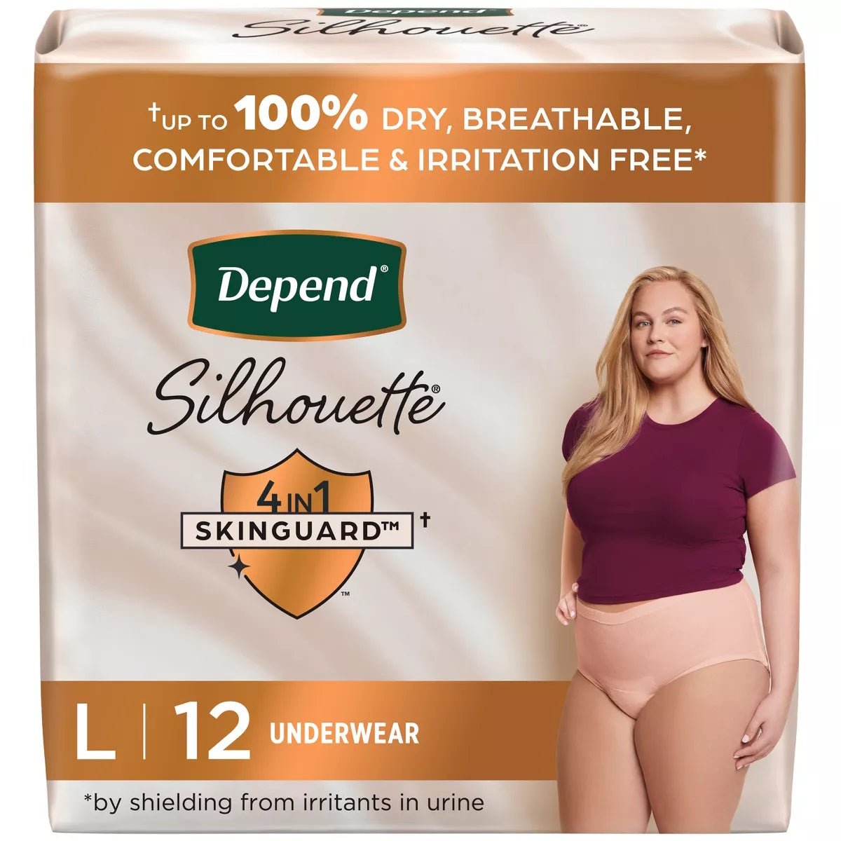 Size L women’s silhouette incontinence underwear, light pink briefs in pack of 12