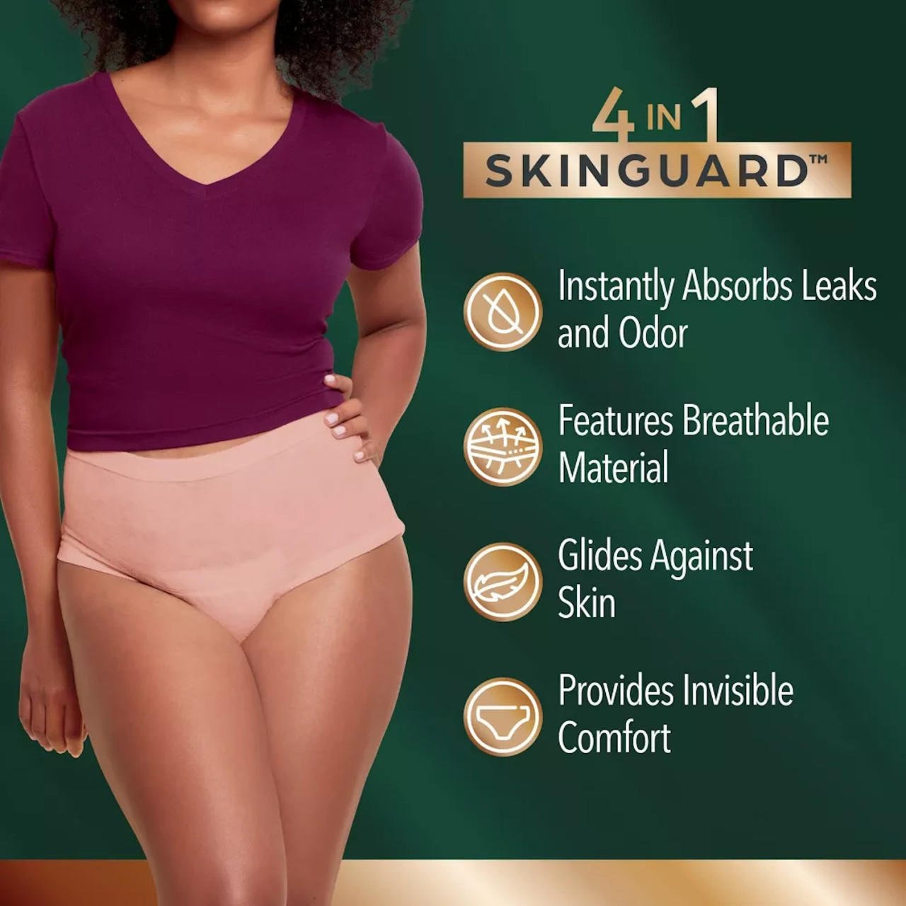 Women’s silhouette incontinence briefs, light pink color with SkinGuard absorbent protection