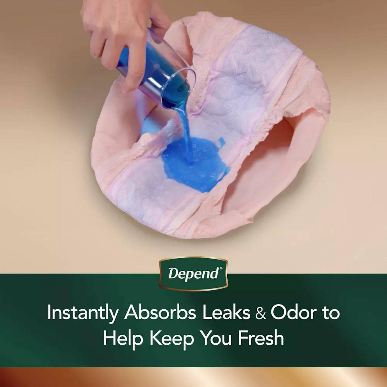 Incontinence underwear absorbency pad showing liquid soaking into blue gel center