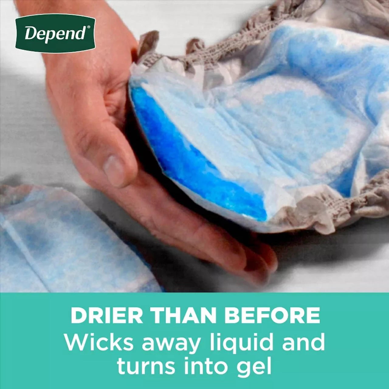 Absorbent liner inside incontinence underwear, liquid turns into gel for drier feel