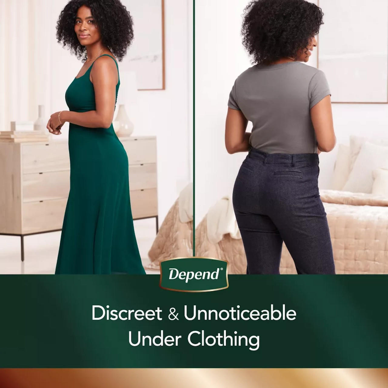 Women wearing discreet incontinence underwear under clothing, low-profile fit