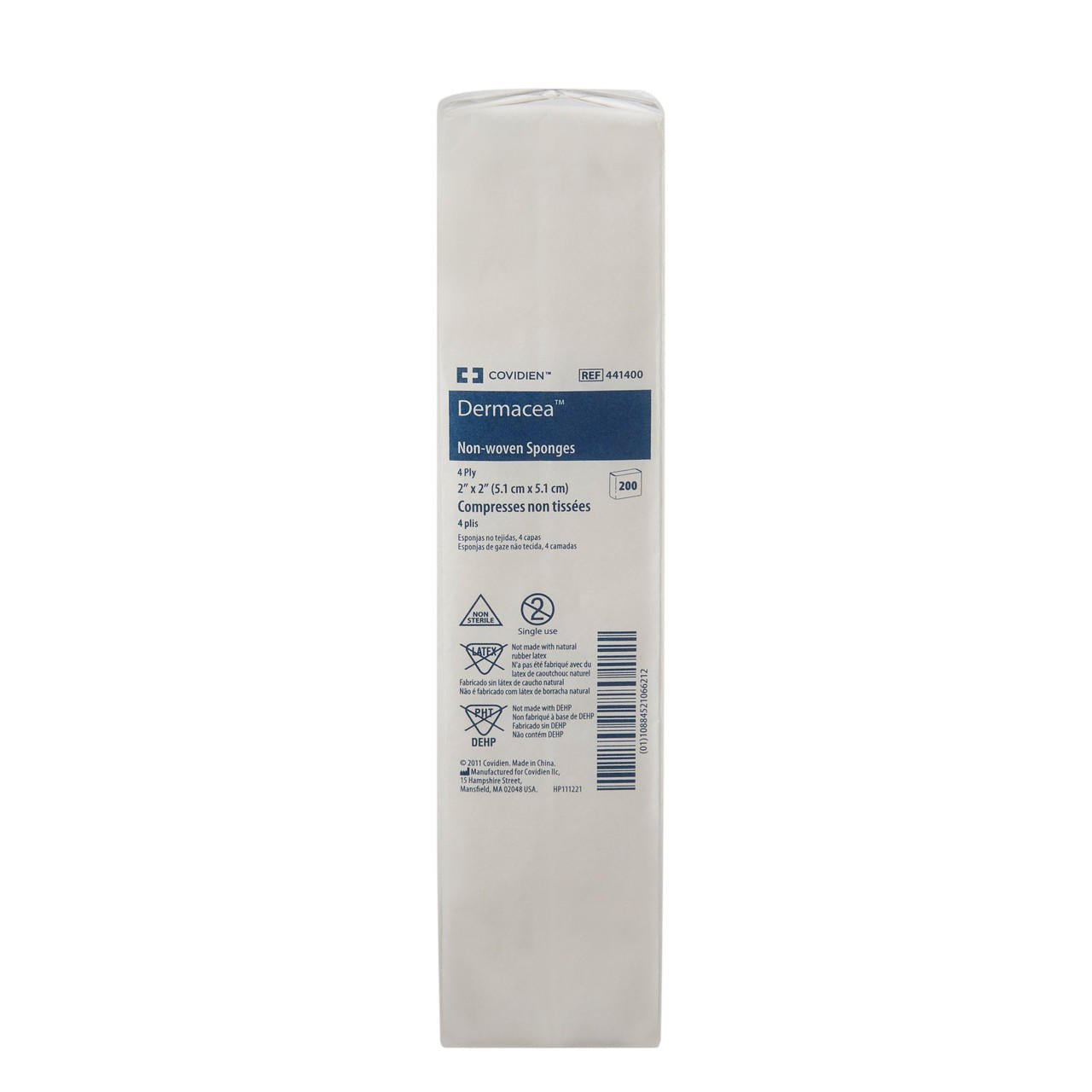 2 x 2 in 4-ply non-woven sponge pack of 200, shown in box
