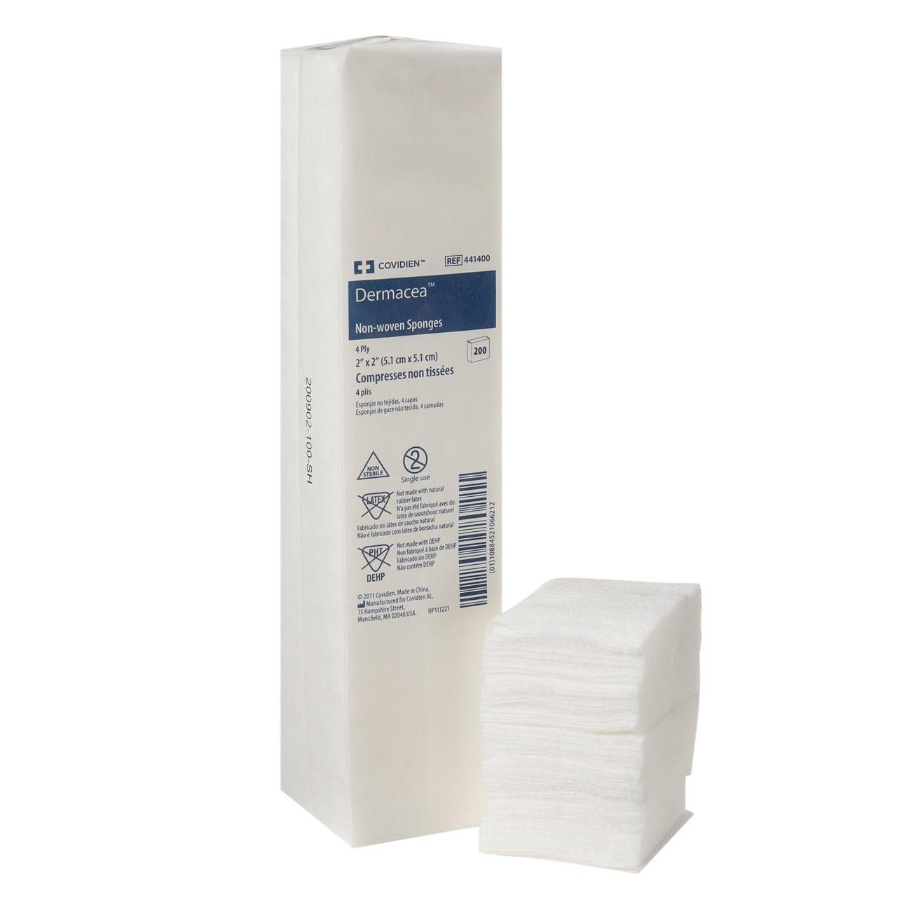 2 x 2 in, 4-ply square non-woven sponges, pack of 200; stack of sponges