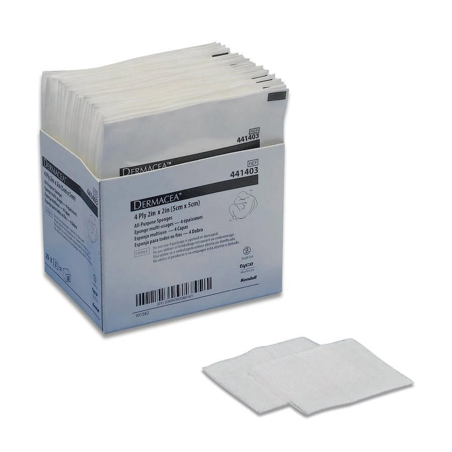 Sterile 4-ply non-woven square sponge, 2 in x 2 in, shown in box