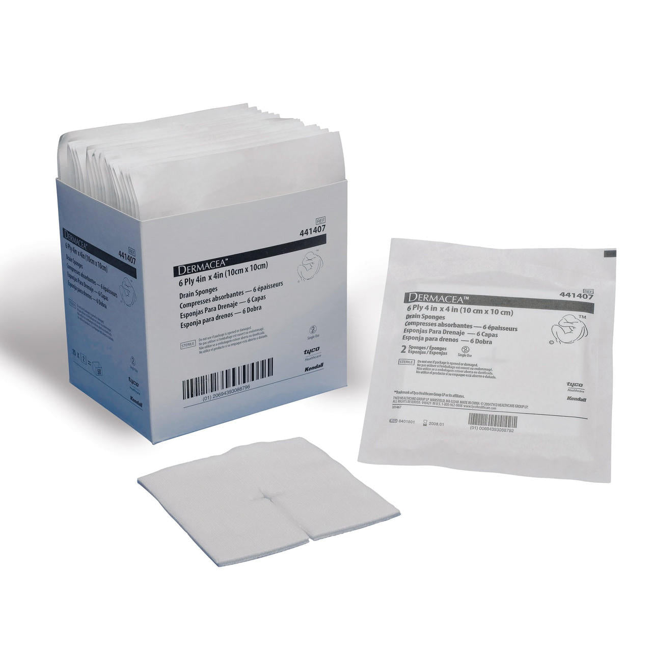 Sterile 6-ply non-woven drain sponges, 4 in x 4 in squares, in box with pads