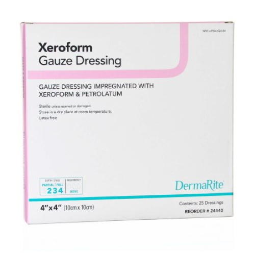 Sterile Xeroform petrolatum gauze dressing, 4x4 inch; 25-pack, box front