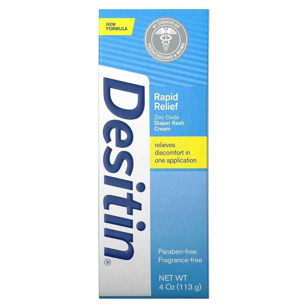Desitin Rapid Relief zinc oxide diaper rash cream box, paraben-free fragrance-free