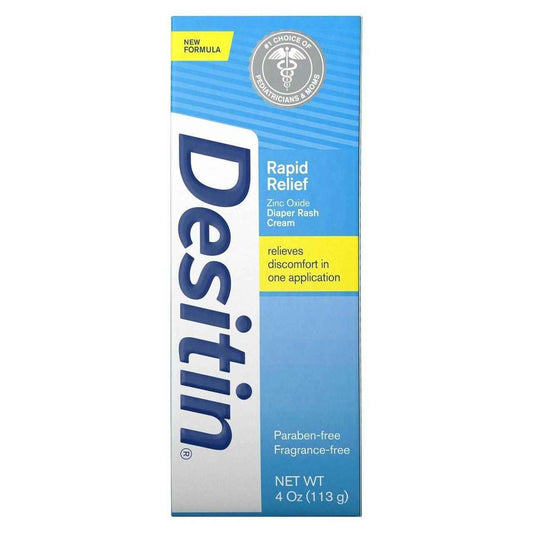Desitin Rapid Relief zinc oxide diaper rash cream box, paraben-free fragrance-free