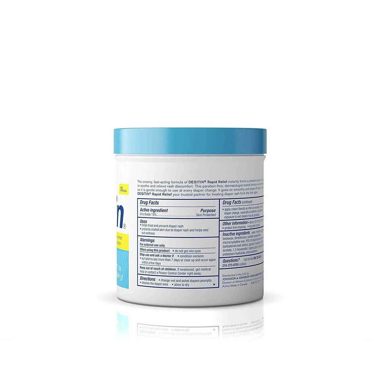Desitin Rapid Relief zinc oxide diaper rash cream jar back label with drug facts