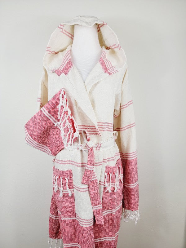 Unisex robe with hood and tie belt, red-and-white stripes, long sleeves, side pockets