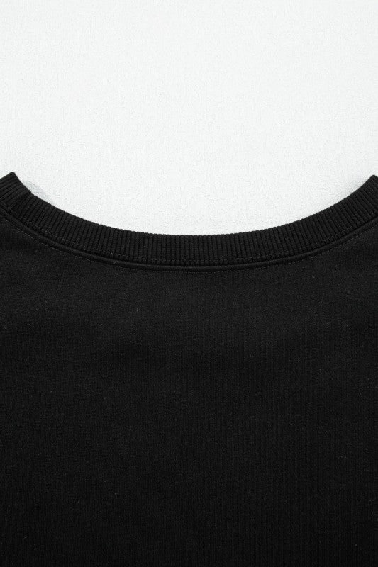Black varsity stripe pullover neckline with ribbed crew collar.