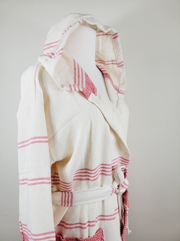 Unisex hooded robe, side back view, striped waist tie and pocket opening