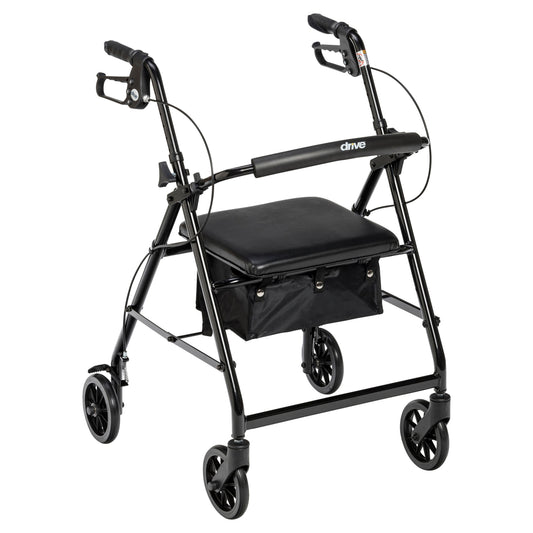 Black rolling walker with padded seat, removable back support, and 6-inch wheels